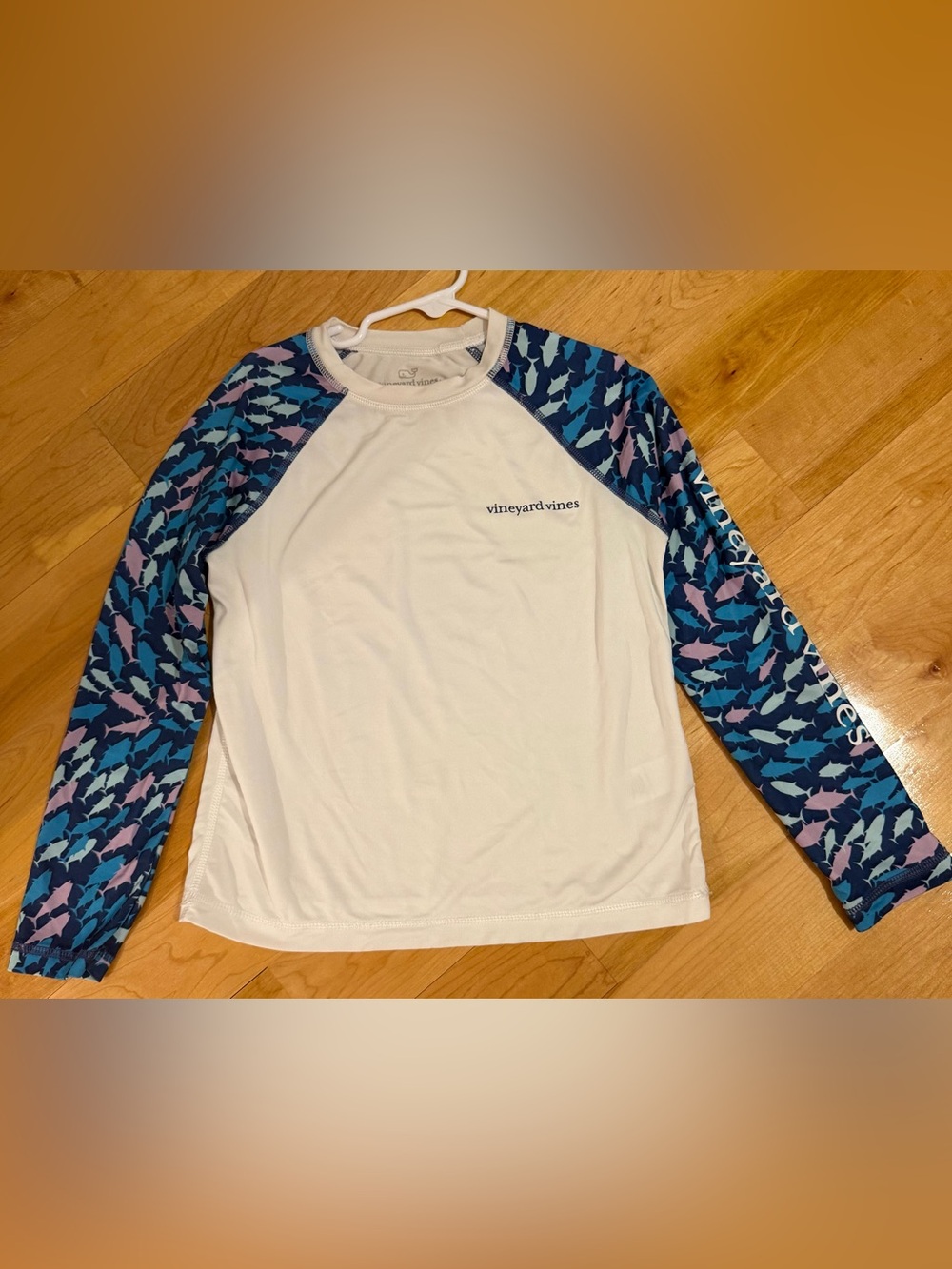 Vineyard Vines White Rash Guard with Blue & Teal Fish Print Sleeves